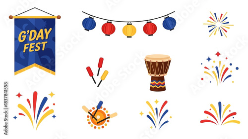 Graphic image of party elements banner lanterns fireworks drum clapping sticks and music