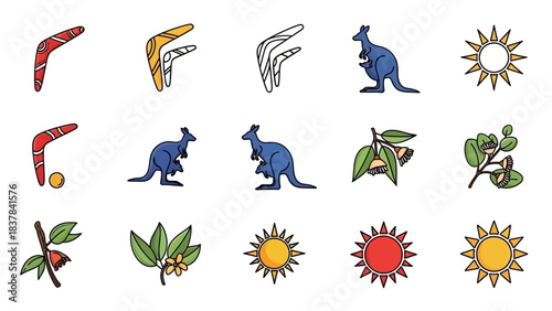 Graphic icons of Australia including boomerangs kangaroos suns leaves and flowers arranged in a grid pattern on a white background