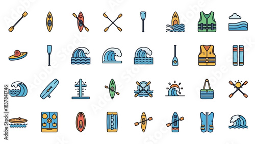 Icons show water sports equipment waves gear