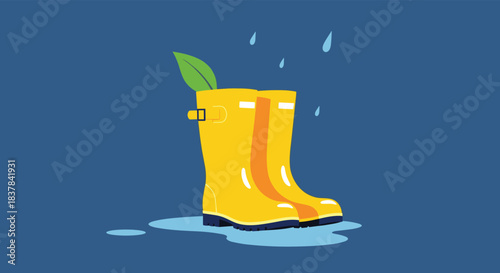 Yellow rain boots with a green leaf stand in puddles under falling raindrops, symbolizing sustainability and growth in wet conditions.
