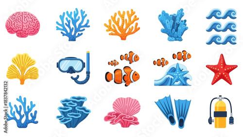 Marine scene with coral clownfish scuba gear starfish and sea waves