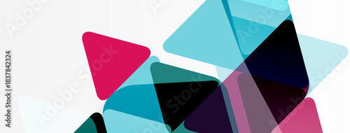 Abstract geometric shapes overlap, creating vibrant color blends. Pink, teal, purple hues dominate white background. Modern design element.