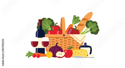 A delightful flat-design illustration showcasing a picnic basket filled with fresh vegetables, fruits, wine, and cheese, ready for an outdoor feast.