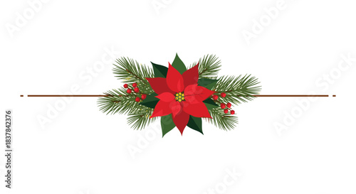 Elegant Christmas page divider featuring a beautiful red poinsettia, green fir branches, and bright red holly berries for seasonal designs.
