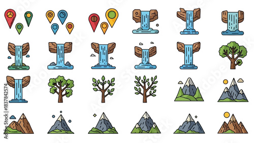 The image displays a collection of 24 nature themed icons depicting locations waterfalls trees and mountains