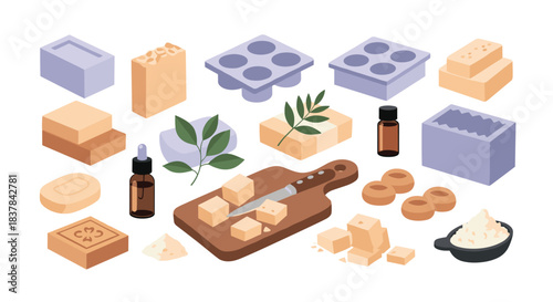 Isometric collection illustrating the handmade soap making process with various ingredients, tools, and finished soap bars.