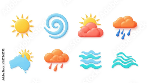 Weather icons showcase sun wind rain clouds and sea waves in a colorful stylized depiction