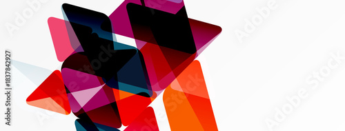 Abstract shapes overlap, creating vibrant color blends. Composition focuses on reds, oranges, purples, blues against white background. Modern design.