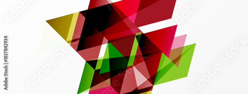 Abstract geometric shapes overlap, creating vibrant color blocks. Red, green, black, gold tones dominate white background. Modern design.