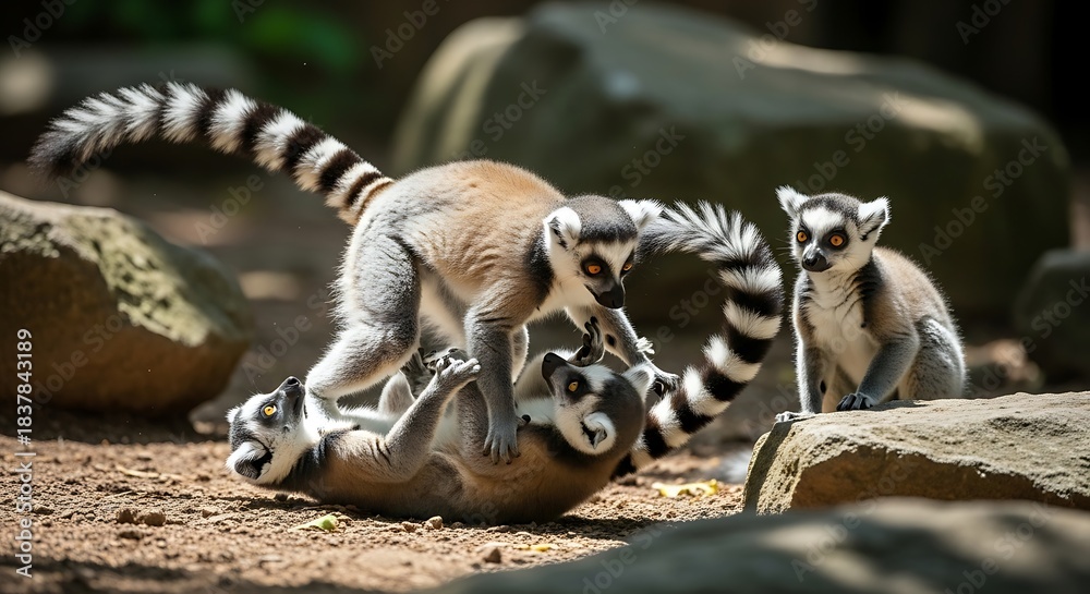 Fototapeta premium Playful Ring-Tailed Lemurs Engaging in Lively Interaction on the Ground.