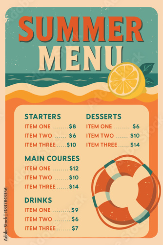 A vintage-inspired summer menu poster with a seaside vibe, featuring sections for starters, main courses, desserts and drinks, plus playful price dots and a bright lemon accent.