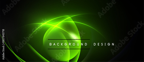 Abstract green design features glowing lines, curves, shapes. Dark background enhances vibrant luminosity, modern aesthetic.