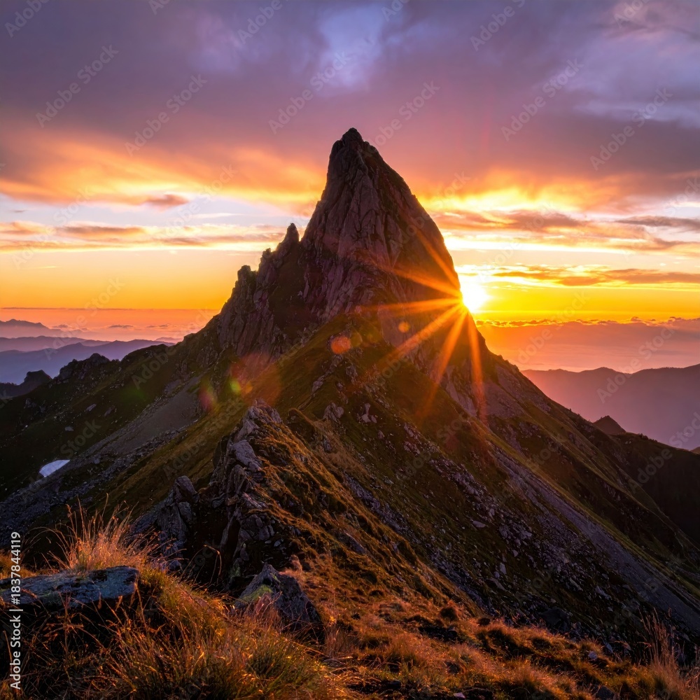 Fototapeta premium Mountain silhouette standing tall against a dramatic sunset sky.