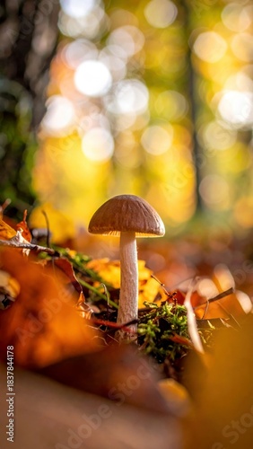 Mushroom surrounded by fallen leaves and gentle forest shadows.