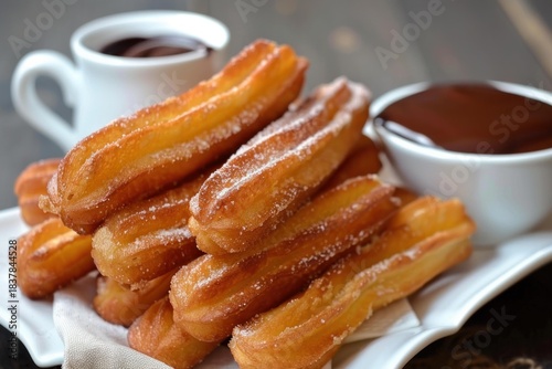 Plate of churros with sugar and cups of hot chocolate, ready to be eaten as a snack or dessert