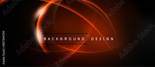 Abstract design features glowing orange curves over black background. Text reads background design. Modern, dynamic visual element.
