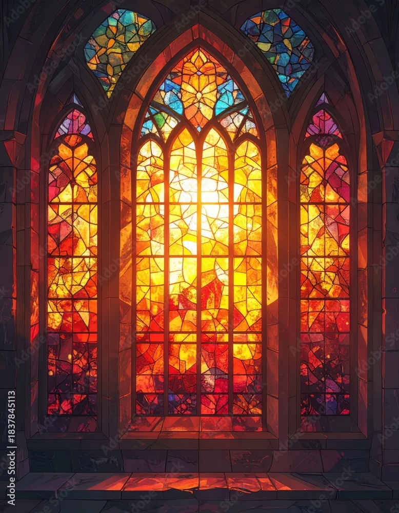 Obraz premium Stained glass window glowing with warm colored patterns.