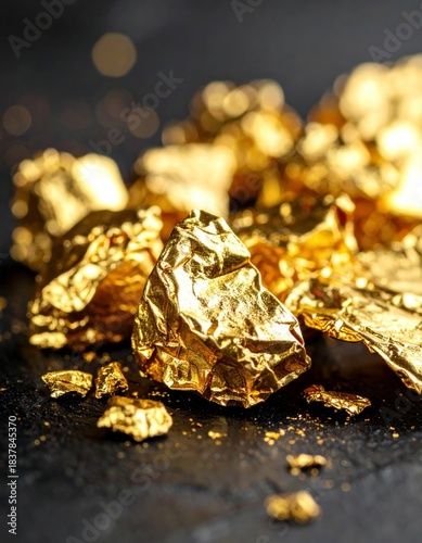 Shiny gold foil scattered in small pieces across a dark surface.