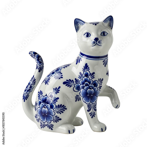 Delft Blue Ceramic Cat Figurine with Intricate Floral Patterns and Classic Blue and White Design