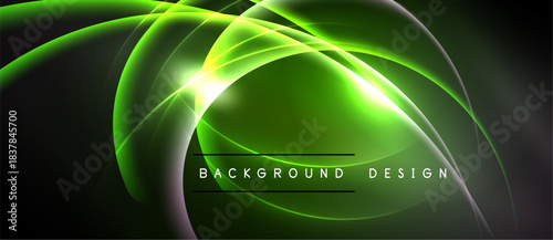 Abstract green light streaks form flowing curves. Dark background emphasizes bright, dynamic energy. Text reads background design.
