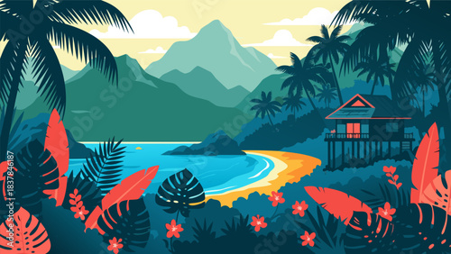 Exotic tropical island paradise with lush vegetation and a stilted beach house overlooking a serene bay