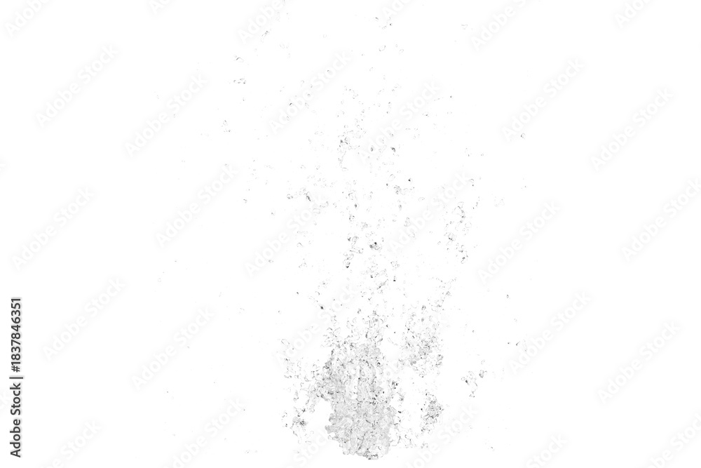 Obraz premium A dynamic burst of white particles erupts upwards from a central base transparent background, forming a textured, abstract, high-contrast visual