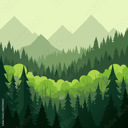 Abstract Geometric Forest Landscape with Layered Trees and Mountains in a Serene Green Color Palette