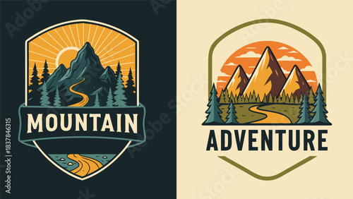 Mountain Adventure Emblematic Designs Vintage Sunset Scenes with Evergreen Forests and Winding Paths