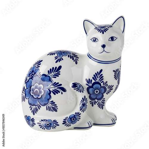 Elegant porcelain cat figurine showcasing intricate blue and white floral patterns, a charming decorative ceramic animal sculpture in a traditional artistic style
