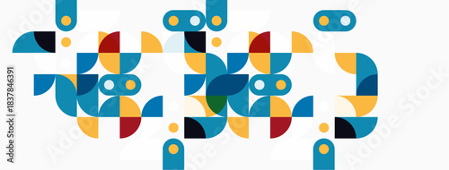 Abstract geometric pattern. Shapes overlap, creating colorful design. Blue, red, yellow tones dominate composition. Minimalist style.