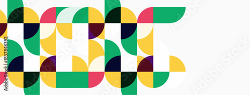 Abstract geometric pattern. Colorful semicircles, squares create dynamic composition. Modern design, vibrant hues, clean aesthetic.