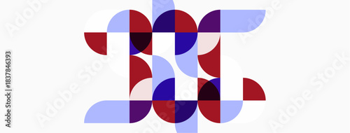 Abstract geometric design. Circles, semicircles create letterform resembling H. Purple, red, light blue hues dominate composition. Minimalist style.