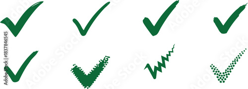 Set of diverse green hand-drawn and stylized check mark icons on transparent background