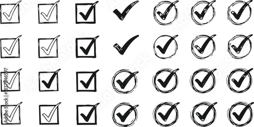 Hand Drawn Black Check Mark Icons Set Variations Isolated on Transparent Background