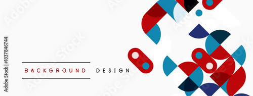 Modern abstract design features geometric shapes, red, blue, white. Minimalist style, clean lines, suitable background element.