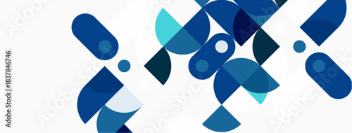 Abstract geometric shapes overlap, creating dynamic composition. Blues dominate, contrasted by white background. Modern design elements present.