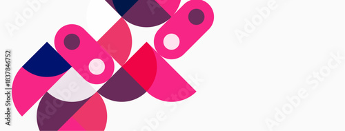 Abstract shapes overlap, creating vibrant pinks, purples, whites. Minimalist design evokes modern art, dynamic composition.