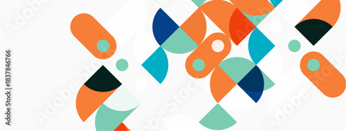 Abstract geometric shapes overlap, creating vibrant composition. Orange, teal, navy dominate neutral background. Modern design elements present.