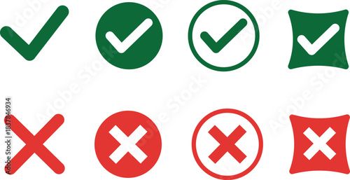 Set of green checkmark and red cross icons in four distinct styles, isolated on transparent background