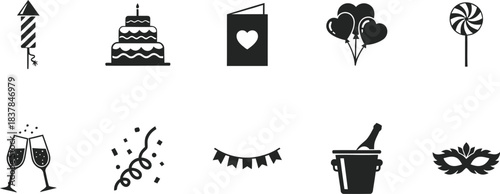 Celebration icons depicting party elements like cake balloons and champagne glasses