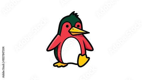Cute Cartoon Penguin with Red Body and Green Head.