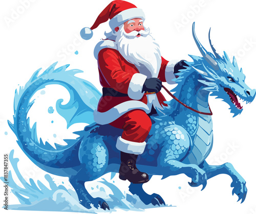 Epic Santa Claus Riding a Blue Ice Dragon in Winter Fantasy Style Vector Illustration for Holiday Adventure Concept