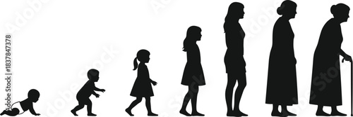 Female life cycle silhouette illustration showing growth from crawling baby to elderly woman, representing aging, development, evolution, and human lifespan progression stages