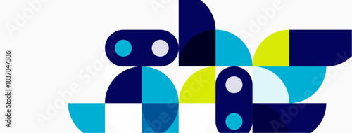 Abstract geometric shapes overlap, creating playful penguin figures. Blue, yellow hues dominate white background. Minimalist design.