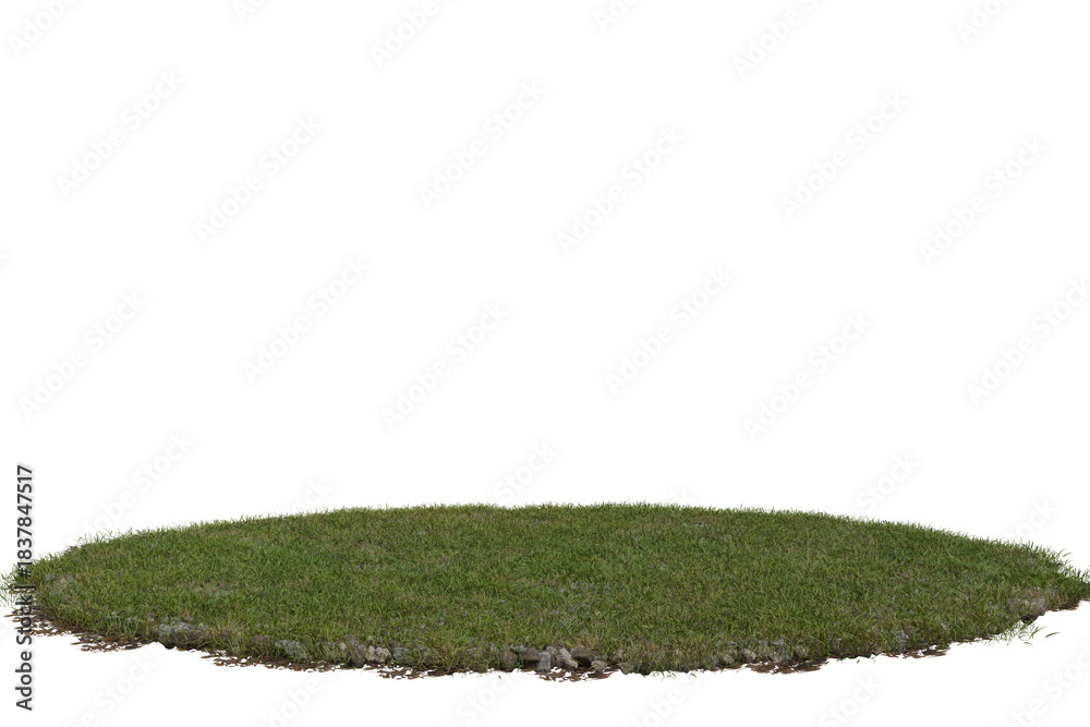 Obraz premium Vibrant green grass patch, slightly irregular oval shape, with textured soil edges, standing alone on a pure transparent background. A versatile cutout element