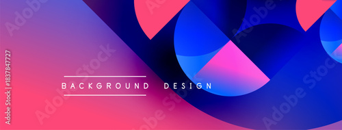 Abstract vibrant background. Overlapping shapes create dynamic visual effect. Pink, purple, blue hues dominate composition. Modern design element.