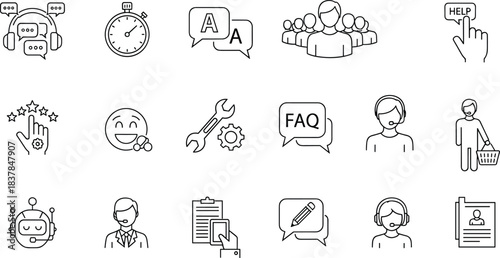 Minimalist Line Art Customer Service and Support Vector Icon Set: Technical Assistance, FAQ, Satisfaction, and Quick Response Symbols.