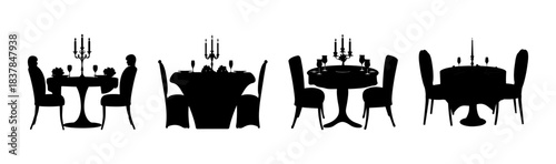 Elegant dining table settings silhouettes, chairs, candelabras, romantic dinner