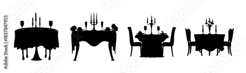 Elegant dining table silhouettes with candelabra and wine glasses on white
