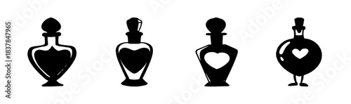 Collection of magical love potion bottles silhouettes with heart symbols